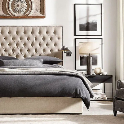 Фото Двуспальная кровать Adler Panel Diamond-Tufted Fabric бежевого цвета